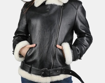 Chaqueta bomber mujer de cuero negro shearling abrigo aviador de piel hecho a mano con cuello de pelo