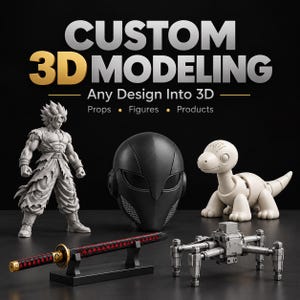 Può includere: Un display con il testo CUSTOM 3D MODELING Any Design Into 3D Props Figures Products. Gli oggetti includono una figura anime grigia, un casco nero, un dinosauro color crema, una katana nera e rossa su supporto e un ragno meccanico grigio.