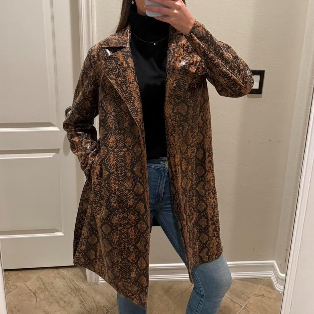 Vintage Snakeskin Trench Coat Women | Brown Python Print Jacket | Faux ...