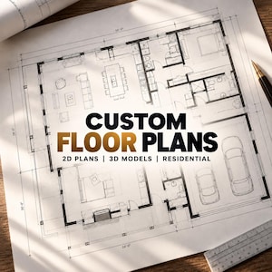May include: A residential architectural blueprint featuring black lines on white paper. The text reads CUSTOM FLOOR PLANS, 2D PLANS | 3D MODELS | RESIDENTIAL. A pen and a ruler are placed on the edges of the paper, showing dimensions like 56'-0".