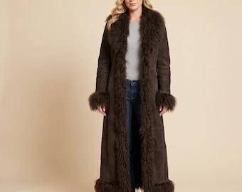 Abrigo de piel de oveja marrón para mujer, estilo Penny Lane, con ribete de piel larga, estilo vintage de los años 70, abrigo afgano, abrigo de invierno estilo bohemio de piel de oveja, ideal como regalo.
