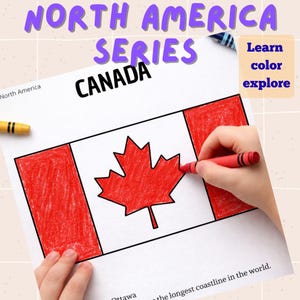 Hojas para colorear de banderas de América del Norte / Aprende países y capitales / PDF imprimible / Páginas de esquema