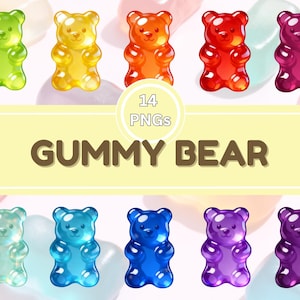 May include: A digital illustration featuring a collection of gummy bears in various colors, including green, yellow, orange, red, and purple. The image also includes the text "14 PNGs" and "GUMMY BEAR".