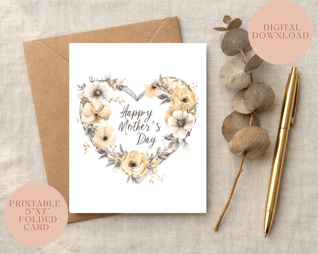 Printable Mother’s Day Card Floral Heart Neutral Boho Folded 5x7 ...