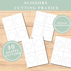 Puede incluir: Hojas de papel blanco con varias formas para practicar con tijeras, incluyendo círculos, cuadrados, hexágonos y formas de flores. El texto "SCISSORS CUTTING PRACTICE" está en la parte superior. La imagen también incluye el texto "30 SHAPES CUTTING" y "INSTANT DOWNLOAD".