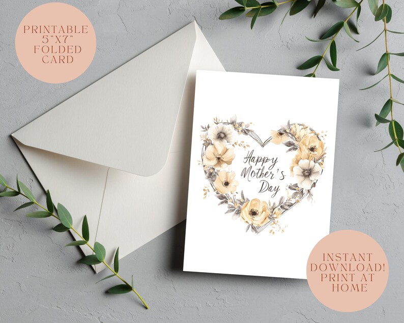Printable Mother’s Day Card Floral Heart Neutral Boho Folded 5x7 ...