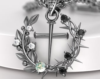 Silver Three Nail Cross Necklace, NDSMD Cross Pendant,Crown of Thorns Olive Branch Necklace,Moss Agate Cross Jewelry sentimental jewelry mom