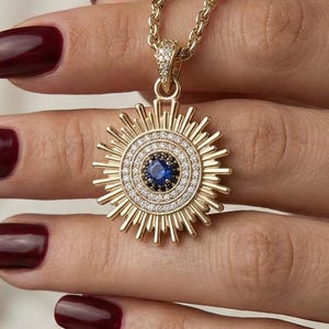 Sun Rays Solar Charm Evil Eye Necklace 14k Gold, Mystic Guardian eye necklace, Protective symbol talisman, Horus eye Wadjet Inspired Jewelry