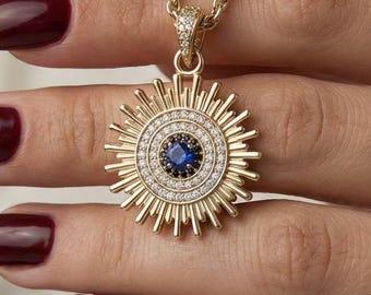 Sun Rays Solar Charm Evil Eye Necklace 14k Gold, Mystic Guardian eye necklace, Protective symbol talisman, Horus eye Wadjet Inspired Jewelry
