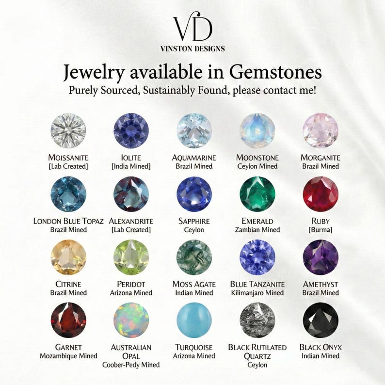 May include: An image showcasing a variety of gemstones, including Moissanite, Iolite, Aquamarine, Moonstone, and Morganite. The image also features London Blue Topaz, Alexandrite, Sapphire, Emerald, and Ruby. Additional gemstones include Citrine, Peridot, Moss Agate, Blue Tanzanite, and Amethyst. Garnet, Australian Opal, Turquoise, Black Rutilated Quartz, and Black Onyx are also displayed.