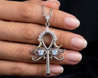 Ankh Eye of Horus Necklace, Natural Blue Moonstone Egyptian Protection Amulet, Eye of Ra Talisman Jewelry, Crescent Moon Wadjet Eye Necklace