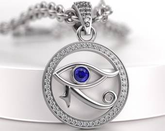 Silver Eye of Horus Necklace protection, Round Blue Sapphire Evil Eye Ancient Egyptian Symbols and Sigils Jewelry, Watchful Guardian Charm