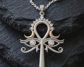 Sterling Silver Ankh Eye of Horus Necklace, Egyptian Amulet, Crescent Moon Talisman, Protective Sigil,Eye of Ra Third eye protection Jewelry