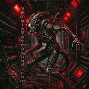 Könnte beinhalten: Detaillierte Illustration eines Alien-Kreatur in einer dunklen, industriellen Umgebung. Die Kreatur ist dunkelgrau mit einem langen, segmentierten Schwanz und scharfen Krallen. Der Hintergrund ist ein Netzwerk aus Rohren und roten Lichtern, mit dem Text "Nemain-reywood.com".
