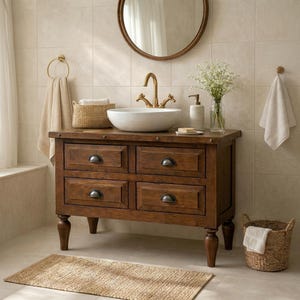 May include: A wooden bathroom vanity with a white vessel sink and brass faucet. The vanity has four drawers with dark metal handles and sits on four turned legs. A woven rug and basket are on the floor. A round mirror hangs above the sink.