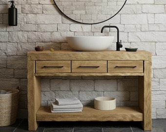 Rustikaler Badezimmertisch Massivholz Live Edge Recyclingmöbel Handgemachter Waschtisch Design