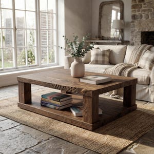 Peut inclure: Une table basse rectangulaire en bois massif avec une étagère inférieure, contenant des livres. La table est de couleur marron chaud et repose sur un tapis tissé. Un vase avec de la verdure et des livres sont sur le dessus. La table est dans un salon.