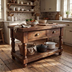 May include: A wooden kitchen island with two drawers and a lower shelf. The island features a basket, a black cast iron pot, and a white enamel pot. A bowl of vegetables and a chopping board sit on top.