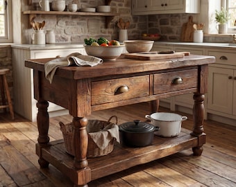 Kitchen Island Countertop, Handmade, Reclaimed Rustic Wood, Custom Made with Storage Space