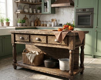 Rustic Recycled Handmade Wood Kitchen Island, Storage Space, Farmhouse Style Kitchen Trolley, Countertop, Solid Wood Island