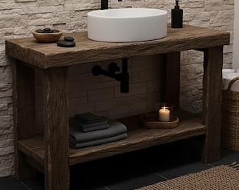 Rustic Bathroom Sink Farmhouse  Style Handmade Recycled Live Edge Solid Wood Vanity Unit