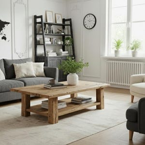 May include: A living room scene featuring a gray sofa with cream-colored pillows, a wooden coffee table, and a white armchair. A black world map decorates the wall. A black bookshelf and a round clock are also visible.