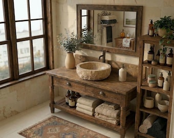 Handmade reclaimed rustic solid wood bathroom sink vanity table with drawers.