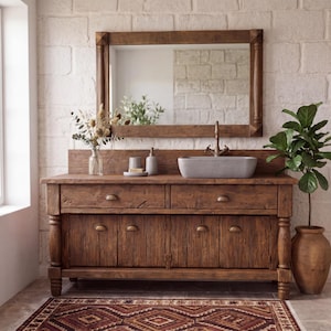 May include: A rustic wooden bathroom vanity featuring two drawers and four cabinet doors with brass hardware, topped with a rectangular grey stone sink, a brass faucet, and a matching wooden framed mirror mounted above the vanity unit.