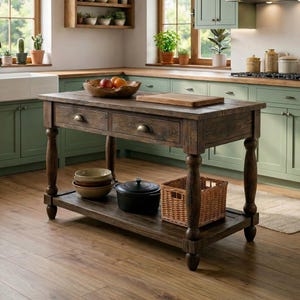 Op de afbeelding: Een rustiek houten keukeneiland met twee lades en een onderste plank. Het eiland heeft gedraaide poten en een houten werkblad. Een gevlochten mand, kommen en een zwarte pot staan op de plank. Een houten fruitschaal staat erop.