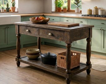 Rustikale recycelte handgefertigte Holzkücheninsel, Stauraum, Küchenwagen im Landhausstil, Arbeitsplatte, Massivholzinsel