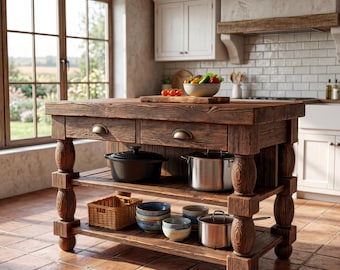 Kitchen Island Countertop, Handmade, Recycled Solid Rustic Wood Table with Drawers
