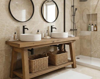 Rustikale Eiche Badezimmer Eitelkeit, Doppelwaschbecken Badezimmer Eitelkeit, Massivholz Waschbecken Basis, Altholz, Bauernhaus Badezimmer Eitelkeit, Sondergröße