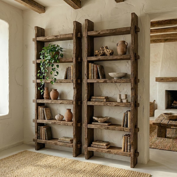 Recycled Rustic Wood Handmade Old Farmhouse Design Live Edge Original Custom Made Shelf Bookcase