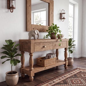 May include: A rectangular wooden console table with two drawers, metal pulls, and a lower shelf. The table features turned legs and a natural wood grain finish. A woven basket, a ceramic elephant figurine, and a potted plant sit on the table.