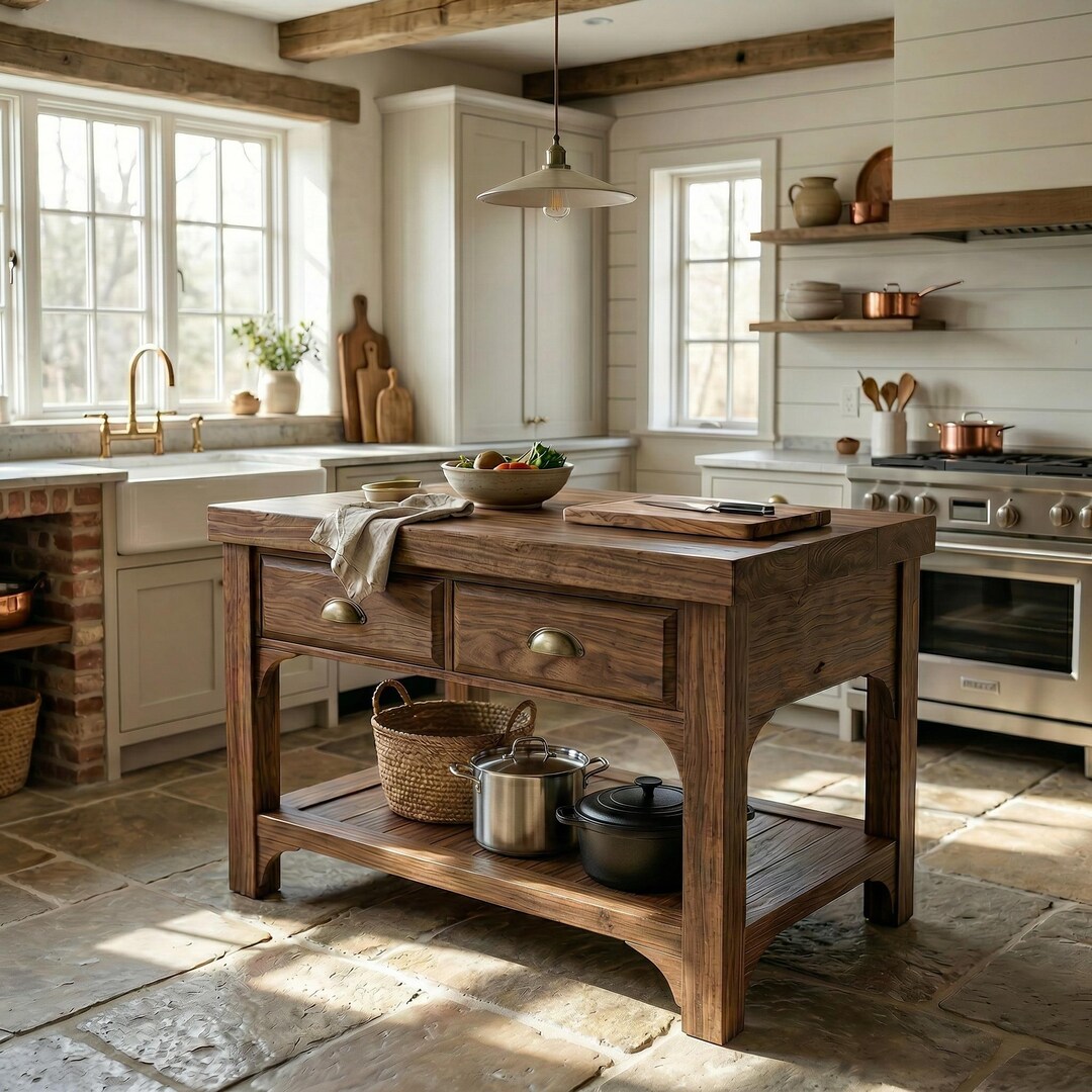 Rustic Recycled Handmade Solid Wood Kitchen Island, Storage Space ...