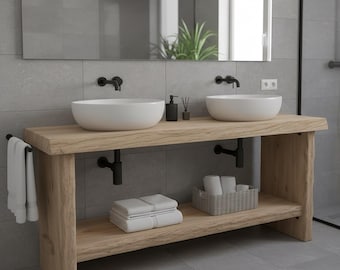 Handmade Reclaimed Wood Double Sink Bathroom Vanity | Rustic Open Shelf