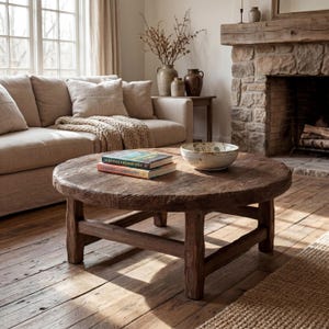 Op de afbeelding: Een rustieke, ronde houten salontafel met een verweerde afwerking. De tafel, ondersteund door vier poten, bevat boeken en een decoratieve kom. De setting is een woonkamer, met een bank en open haard op de achtergrond.