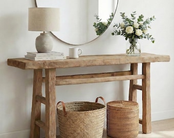 Mesa consola de madera maciza reciclada, mesa de entrada o recibidor de estilo rústico de granja.