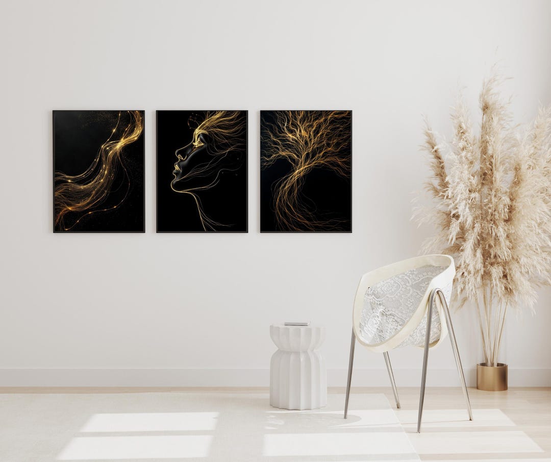 Black Gold Abstract Wall Art Set, Luxury Line Art Woman Print, Modern ...