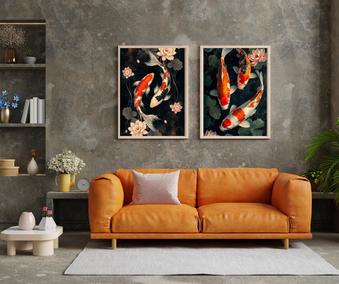 Koi Fish Wall Art Set, Japanese Floral Prints, Dark Zen Decor (digital ...