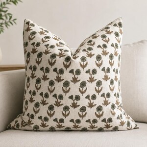 Floral Hand Block Print Pillow Cover | Neutral Beige Cotton Cushion Cover | Boho Throw Pillow | Farmhouse Home Decor | Decorative SofaPillow