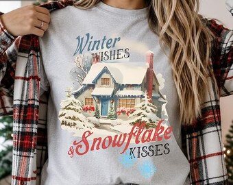 Winter Wishes Snowflake Kisses PNG, Cozy Winter Cabin Sublimation Design, Snowflake PNG, Rustic Winter Shirt Graphic, Christmas Png