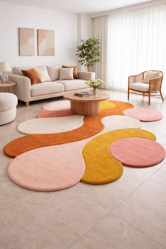 Großer Abstrakter Handgetufteter Teppich, Moderne Unregelmäßiger Form Teppich, Pastell Rosa Orange Gelber Teppich, Weicher Wollteppich für Wohnzimmer Schlafzimmer