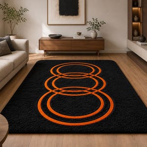 Hand Tufted Modern Geometric Circle Rug, Black & Orange Abstract Area Rug, Contemporary Living Room Carpet, Custom Size Handmade Wool Rug,