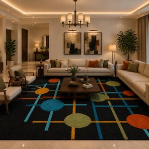 Modern Geometric Area Rug, Abstract Circle Pattern Black Carpet, Colorful Contemporary Living Room Rug, Custom Handmade Wool Rug,