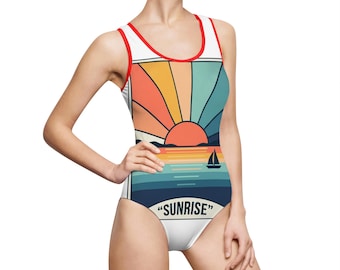Retro Sunrise Sailboat Swimsuit | Vintage Beach Graphic One-Piece