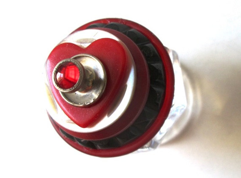 Vintage Button Ring and Proposal Box Red Bakelite Heart Mother of Pearl Vintage Button /& Clear Parfait Glass Salt Cellar Jewelry Box