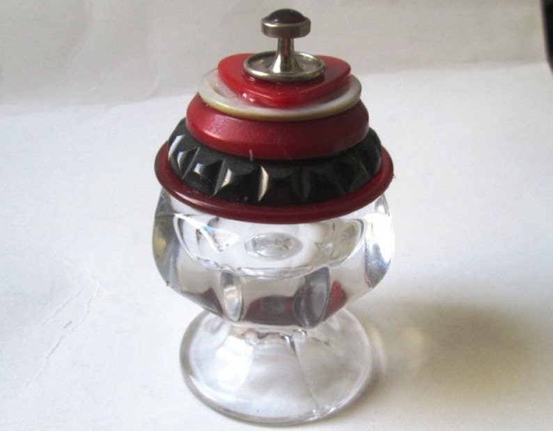 Vintage Button Ring and Proposal Box Red Bakelite Heart Mother of Pearl Vintage Button /& Clear Parfait Glass Salt Cellar Jewelry Box