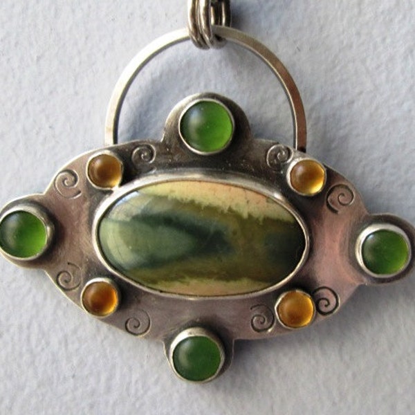 Imperial Jasper, Green Serpentine and Yellow Citrine Pendant in Sterling Silver Necklace Jewelry