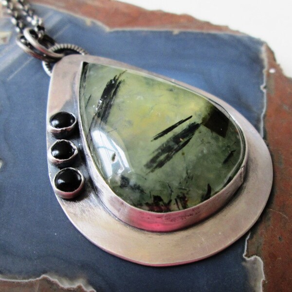Epidote in Prehnite Pendant in Sterling Silver Necklace Jewelry with Black Onyx Accents